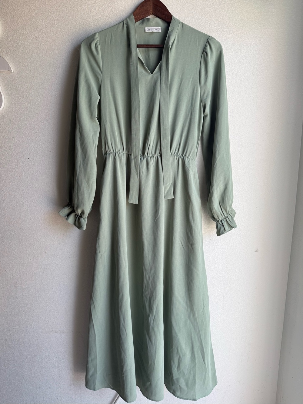 Light Sage Long Sleeve Midi Dress with Neck Ties by